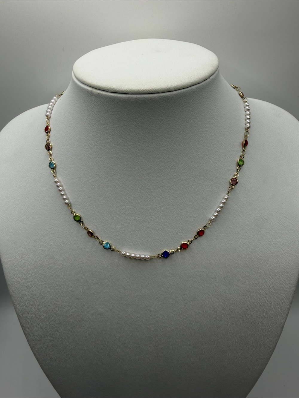 062. Multicolor Gemstone & Pearl Station Necklace 16” - 18”